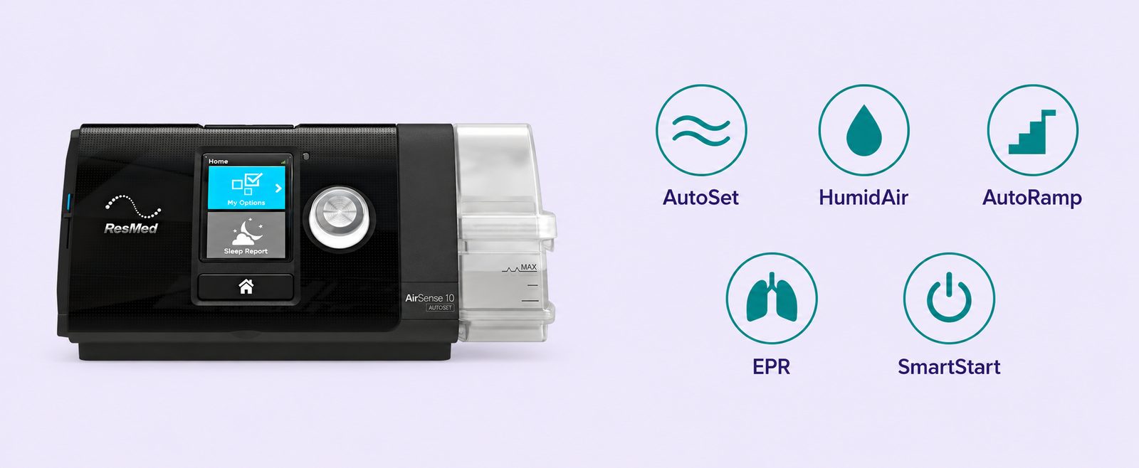 ResMed AirSense 10 key features: AutoSet, HumidAir, AutoRamp, EPR, SmartStart