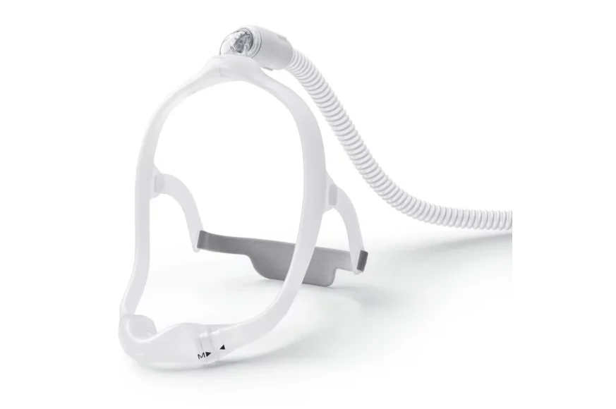 Back view of Philips DreamWear Gel Pillow nasal mask showing top-of-head tube routing