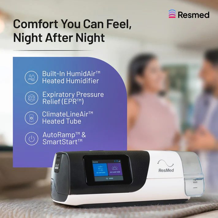 ResMed AirSense 11 comfort features: built-in HumidAir heated humidifier, EPR, ClimateLineAir heated tube, AutoRamp and SmartStart