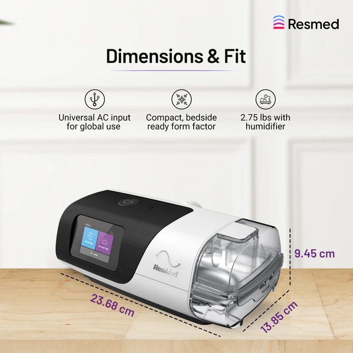 ResMed AirSense 11 dimensions and fit: 23.68cm x 13.85cm x 9.45cm, 2.75 lbs with humidifier, universal AC input