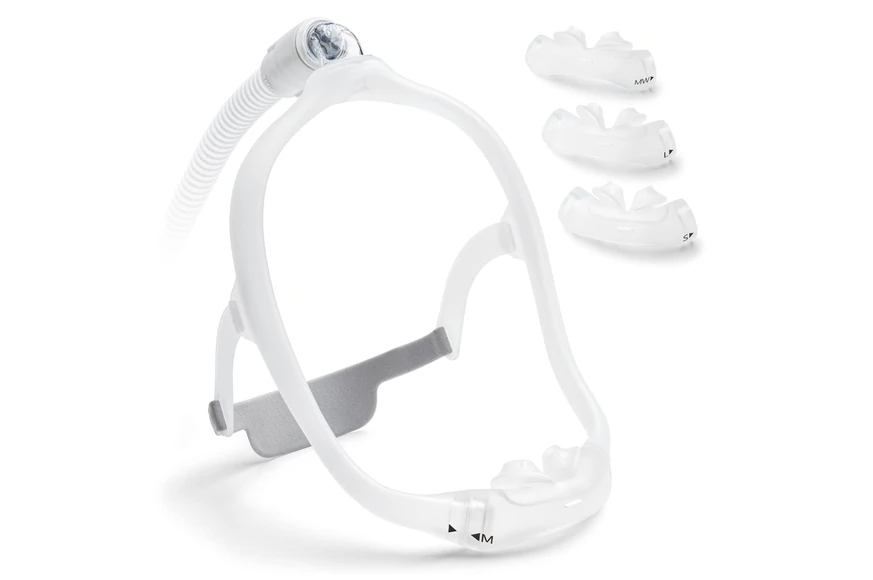 Philips DreamWear nasal mask fit pack, showing headgear frame and three cushion sizes