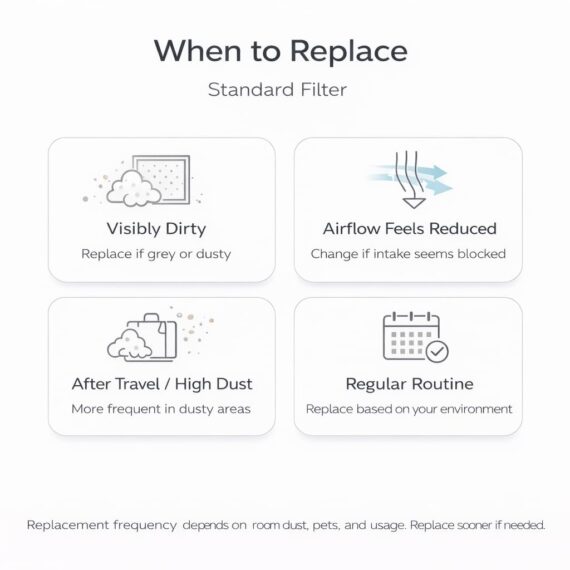 When to replace ResMed S9/AirSense 10 standard filter — visibly dirty, reduced airflow, after travel or high dust, or as part of regular routine