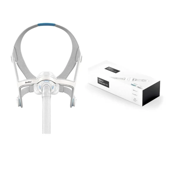 ResMed AirFit N20 mask with headgear next to AirMini N20 setup pack bo
