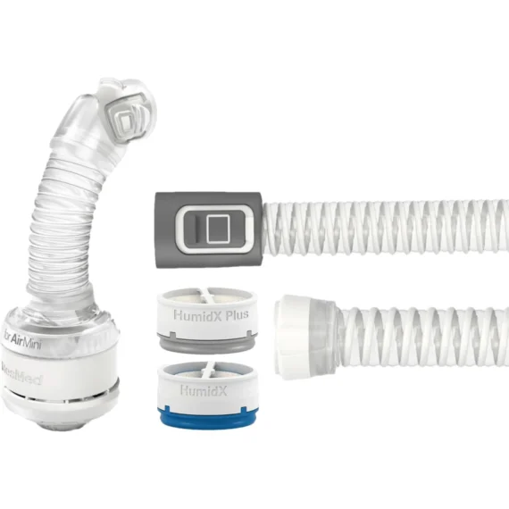 Close-up of AirMini tubing connector with HumidX and HumidX Plus cartridges