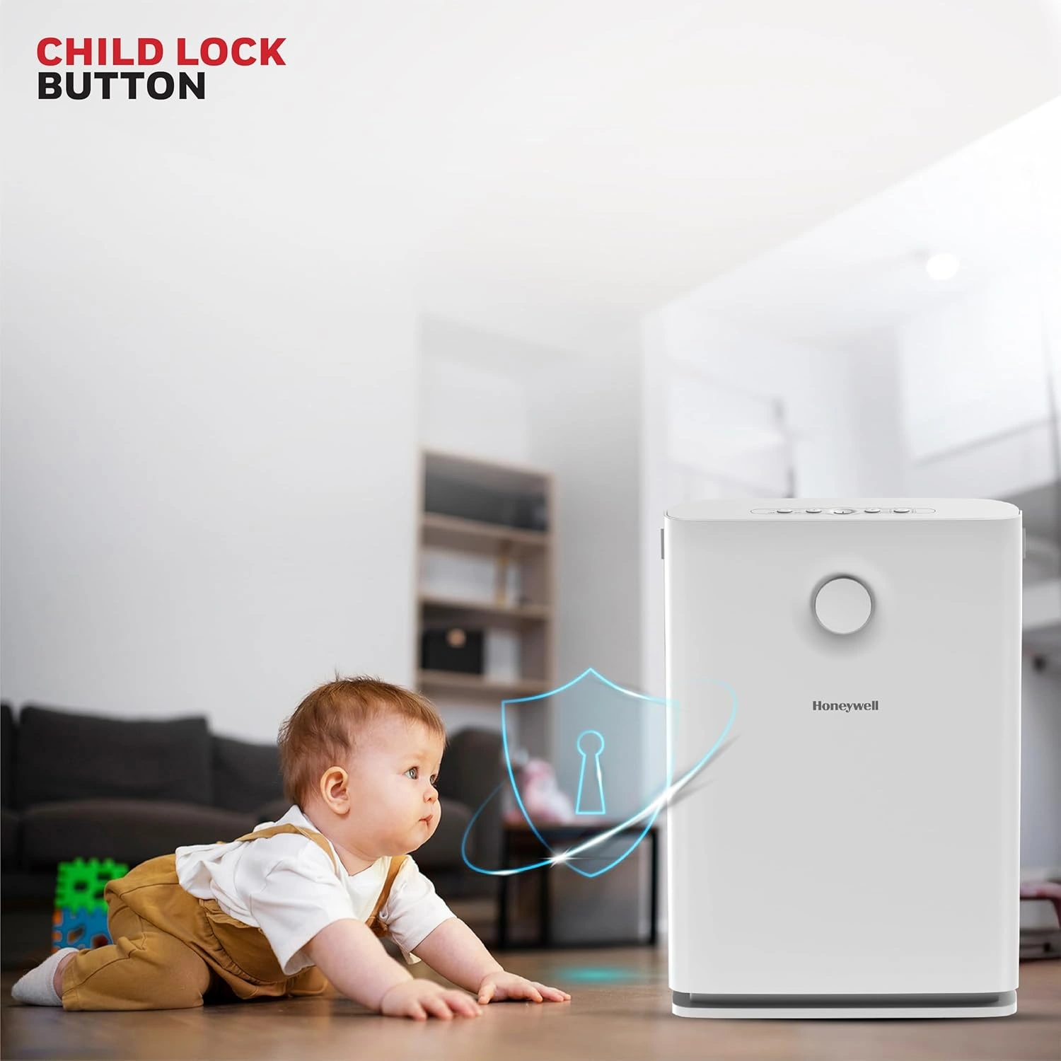 Honeywell Air Touch V3 child lock button safety feature, baby crawling near unit
