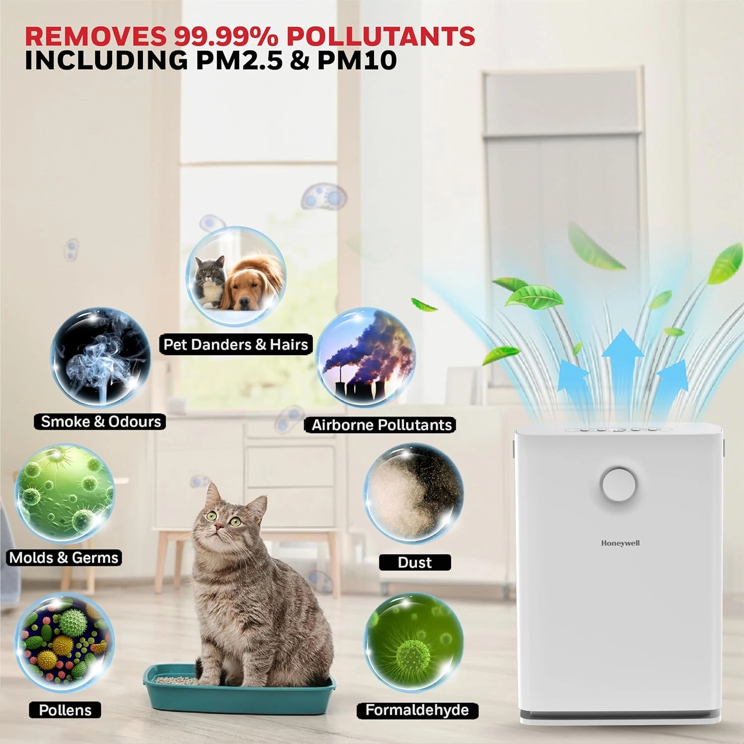 Honeywell Air Touch V3 removes 99.99% of pollutants including PM2.5 and PM10, pet danders, smoke, odours, molds, pollens