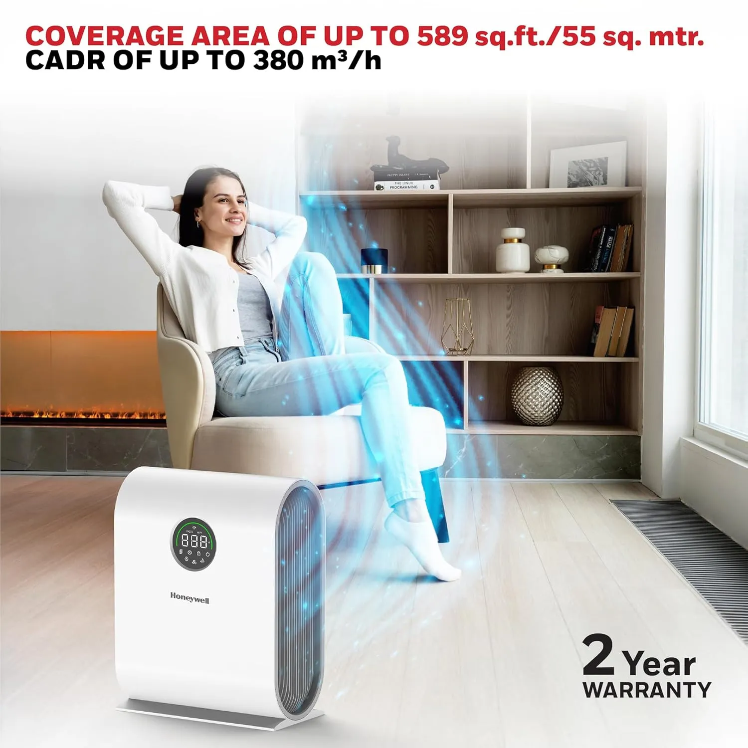Honeywell Air Touch V5 lifestyle shot showing coverage area in a living room