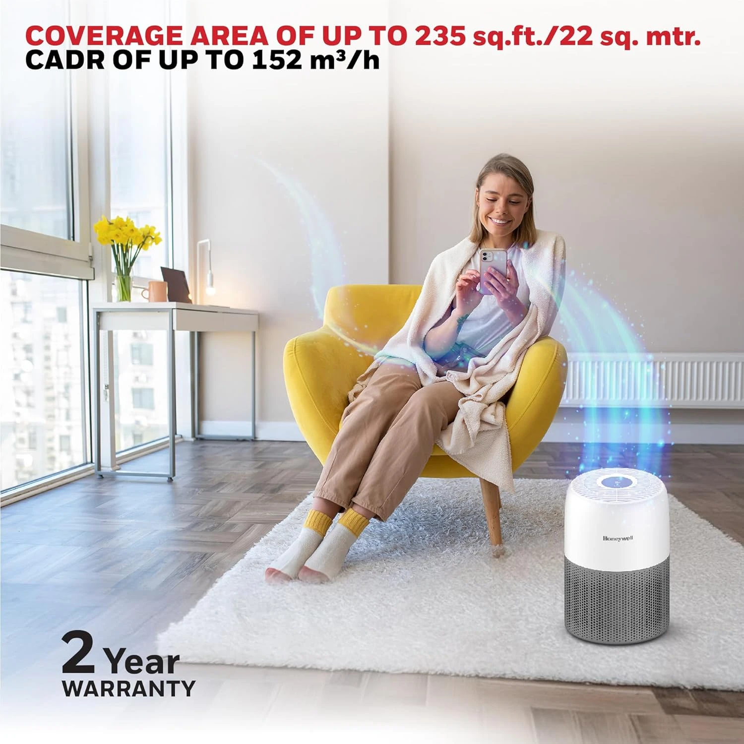 Honeywell Air Touch V1 room coverage, 235 sq ft, CADR 152 m3/h