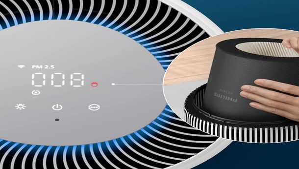 Philips AC2221 control panel with real-time PM2.5 display and filter replacement