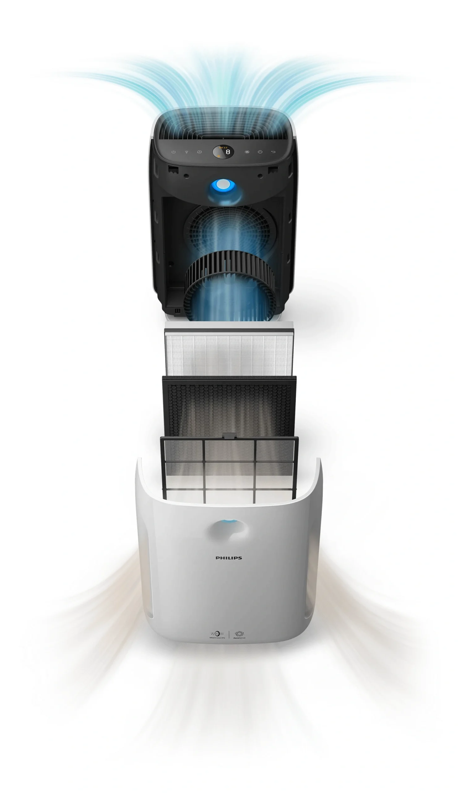 Philips AC2887/20 exploded view showing pre-filter, HEPA filter, and activated carbon filter layers