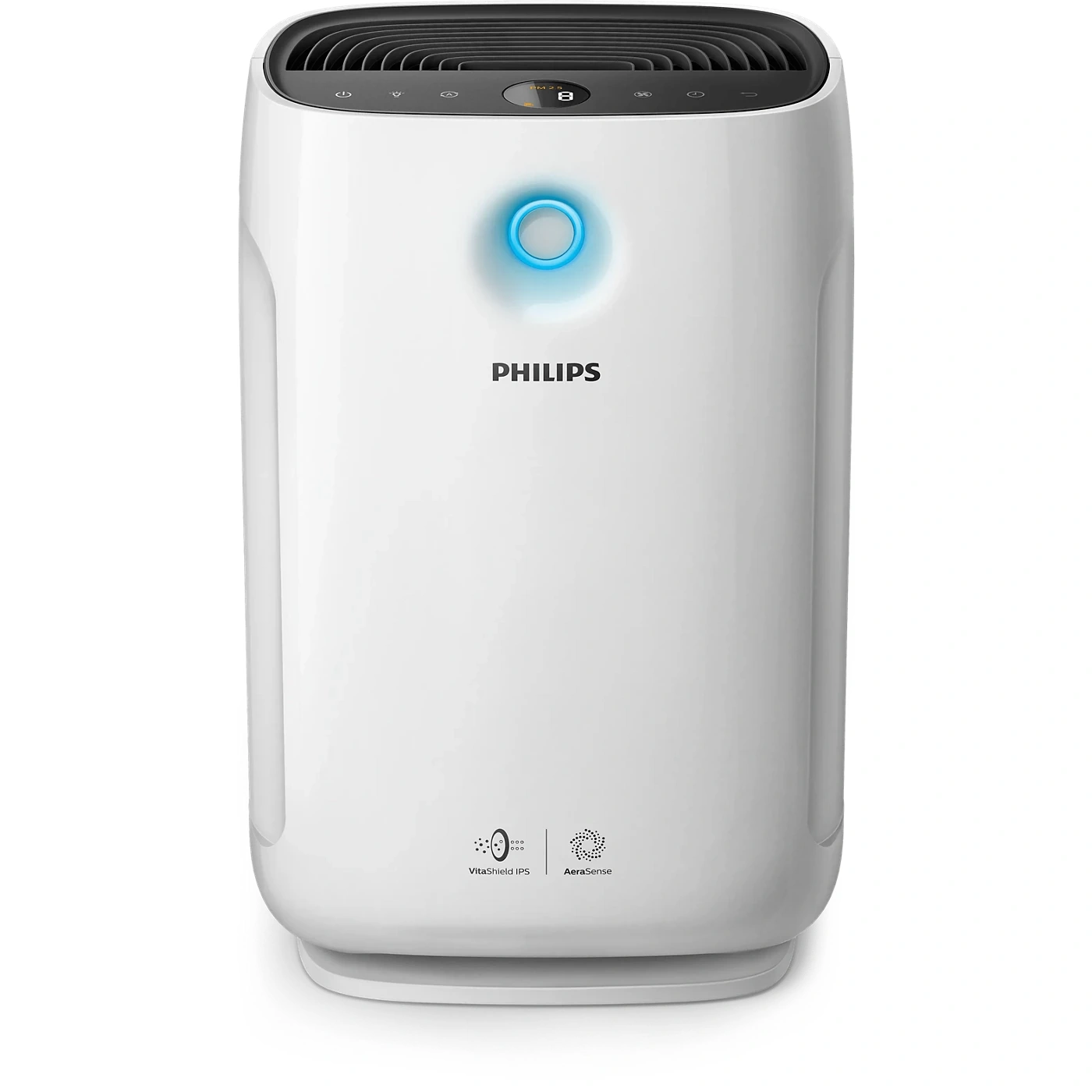 Philips AC2887/20 air purifier front view with blue power ring and PM2.5 display