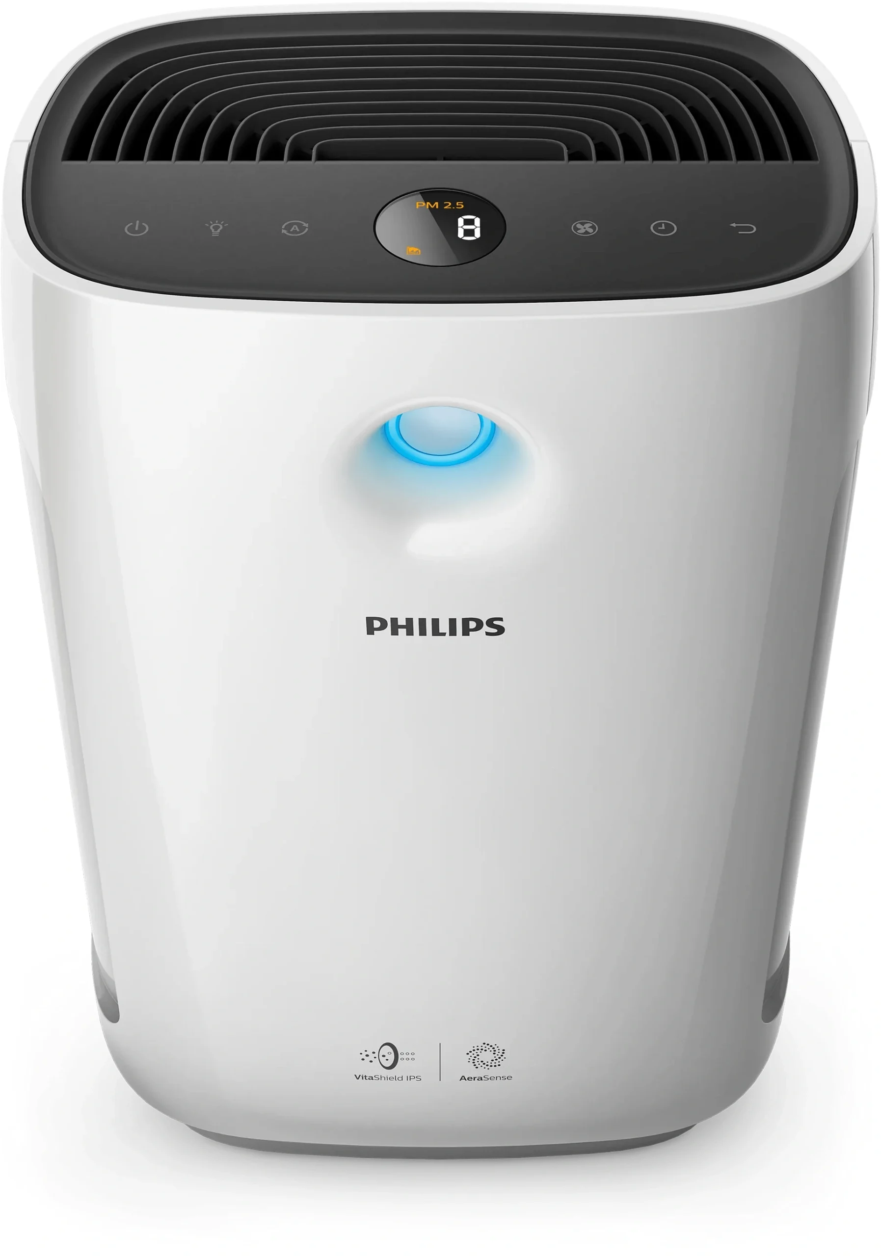 Philips AC2887/20 front view showing PM2.5 numerical air quality reading