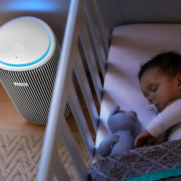 Philips AC3220/60 next to a crib, quiet enough for a nursery