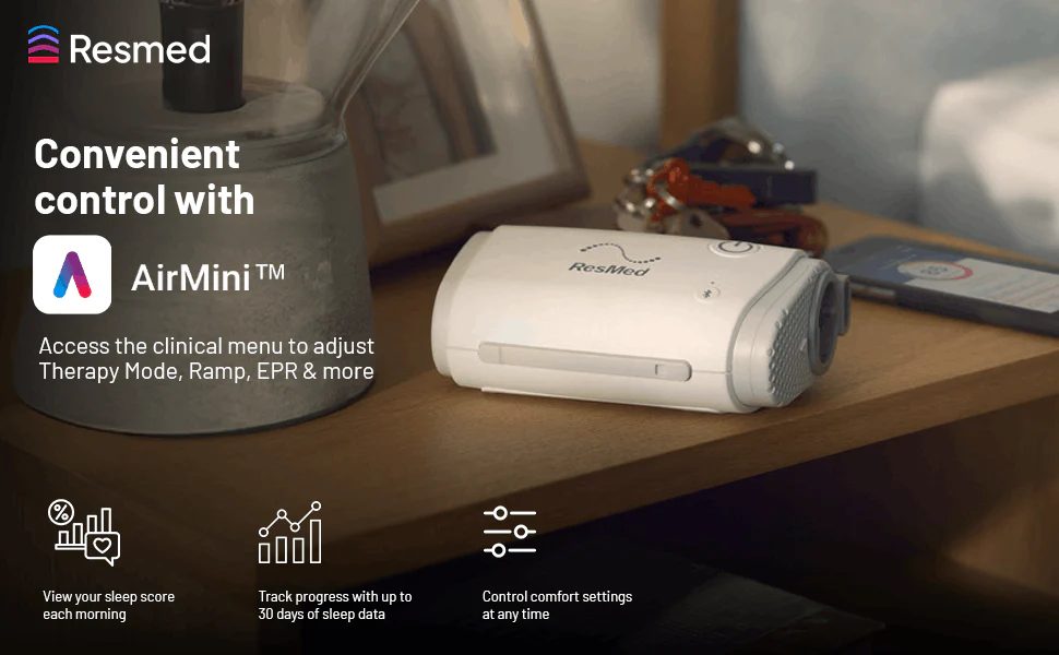 Convenient control with the ResMed AirMini app — view sleep score, track progress, control comfort settings
