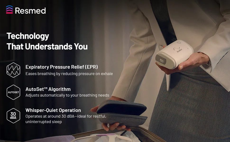 ResMed AirMini technology: Expiratory Pressure Relief eases exhale, AutoSet algorithm adjusts automatically, whisper-quiet operation around 30dBA