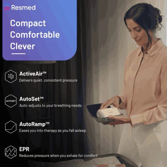 ResMed AirMini compact, comfortable, clever: ActiveAir delivers quiet consistent pressure, AutoSet auto-adjusts, AutoRamp eases into therapy, EPR reduces pressure on exhale