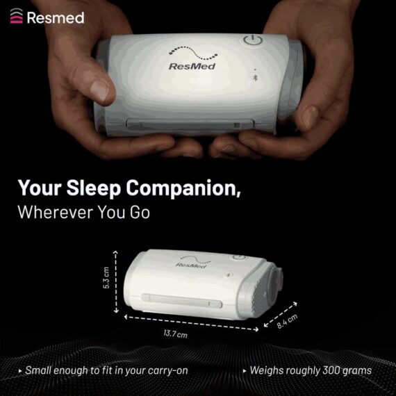ResMed AirMini dimensions: 13.7cm x 8.4cm x 5.3cm, weighs roughly 300 grams