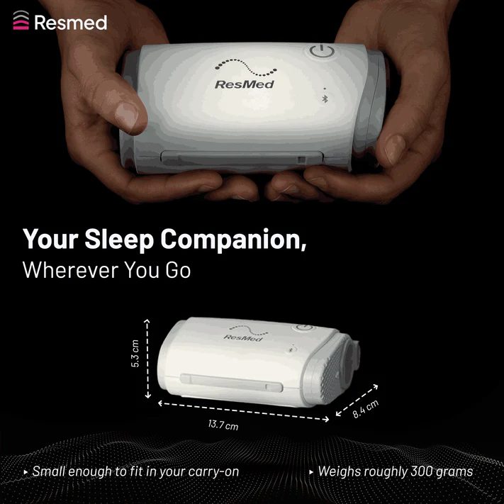 ResMed AirMini dimensions: 13.7cm x 8.4cm x 5.3cm, weighs roughly 300 grams