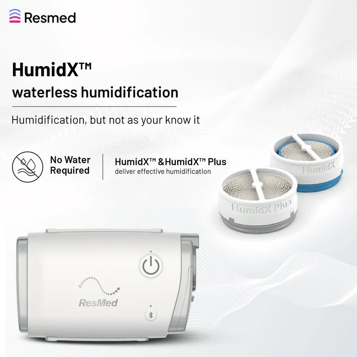 ResMed AirMini HumidX waterless humidification — no water required, HumidX and HumidX Plus deliver effective humidification