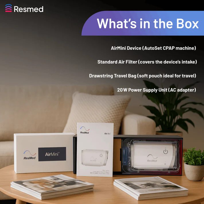 ResMed AirMini what's in the box: AirMini device, standard air filter, drawstring travel bag, 20W power supply unit