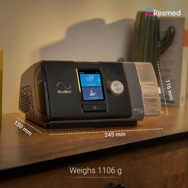 ResMed AirStart 10 dimensions: 150mm x 245mm x 116mm, weighs 1106g
