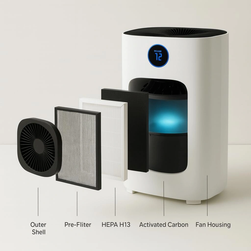 Carrier Air One AP2006 filtration stages: Outer Shell, Pre-Filter, HEPA, Activated Carbon, Fan Housing