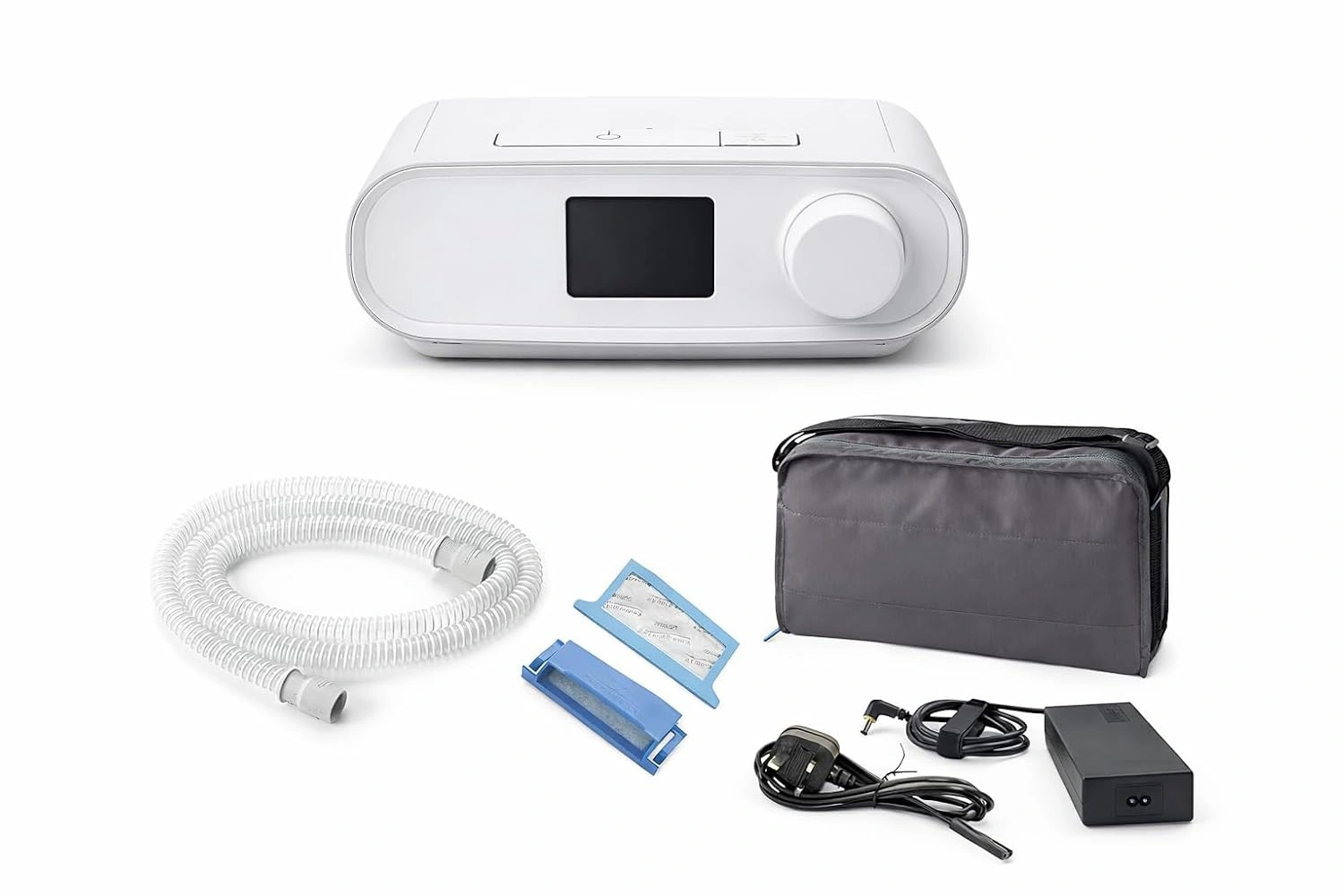 What's in the box: DreamStation Auto CPAP Machine, breathing tube, filters, carrying case, and power adapter