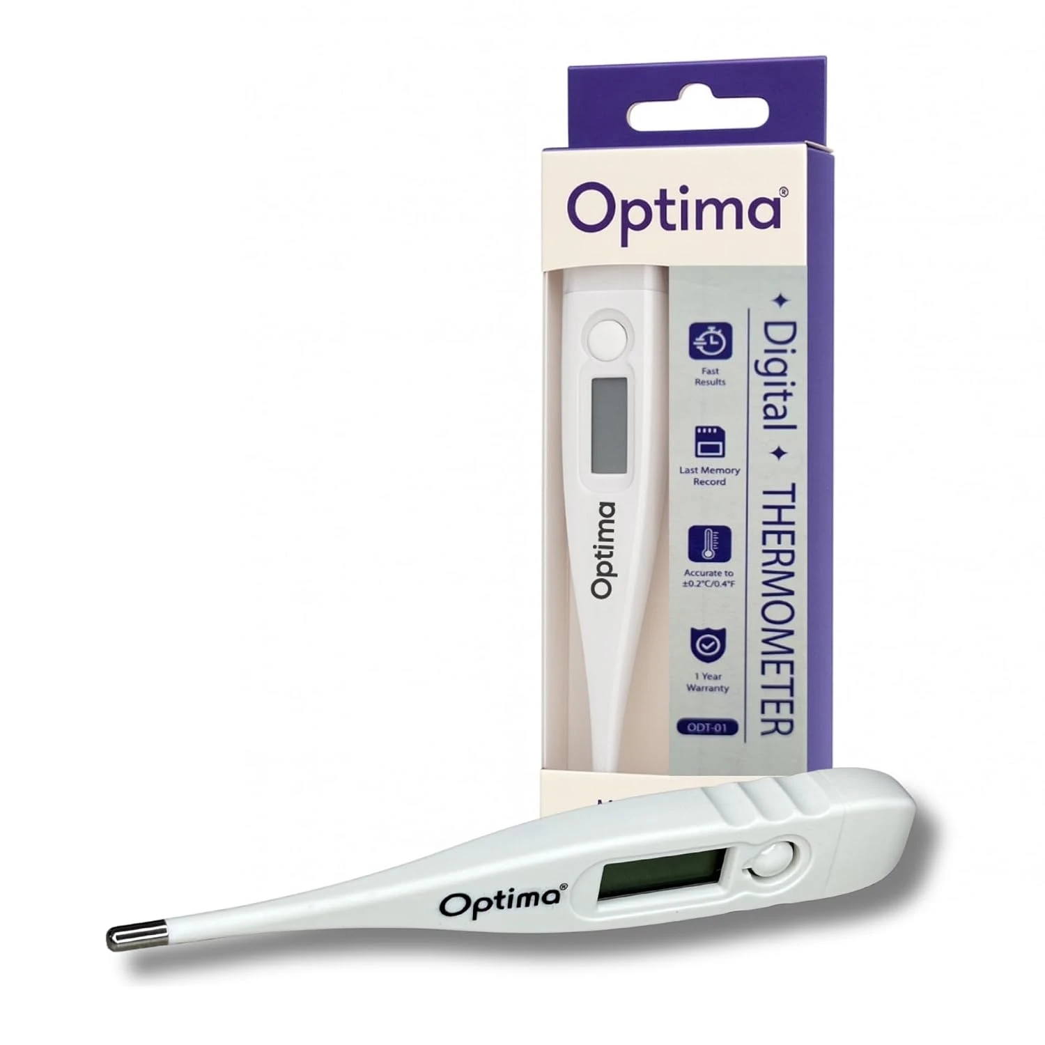 Optima Digital Thermometer with retail packaging box, front view, white background