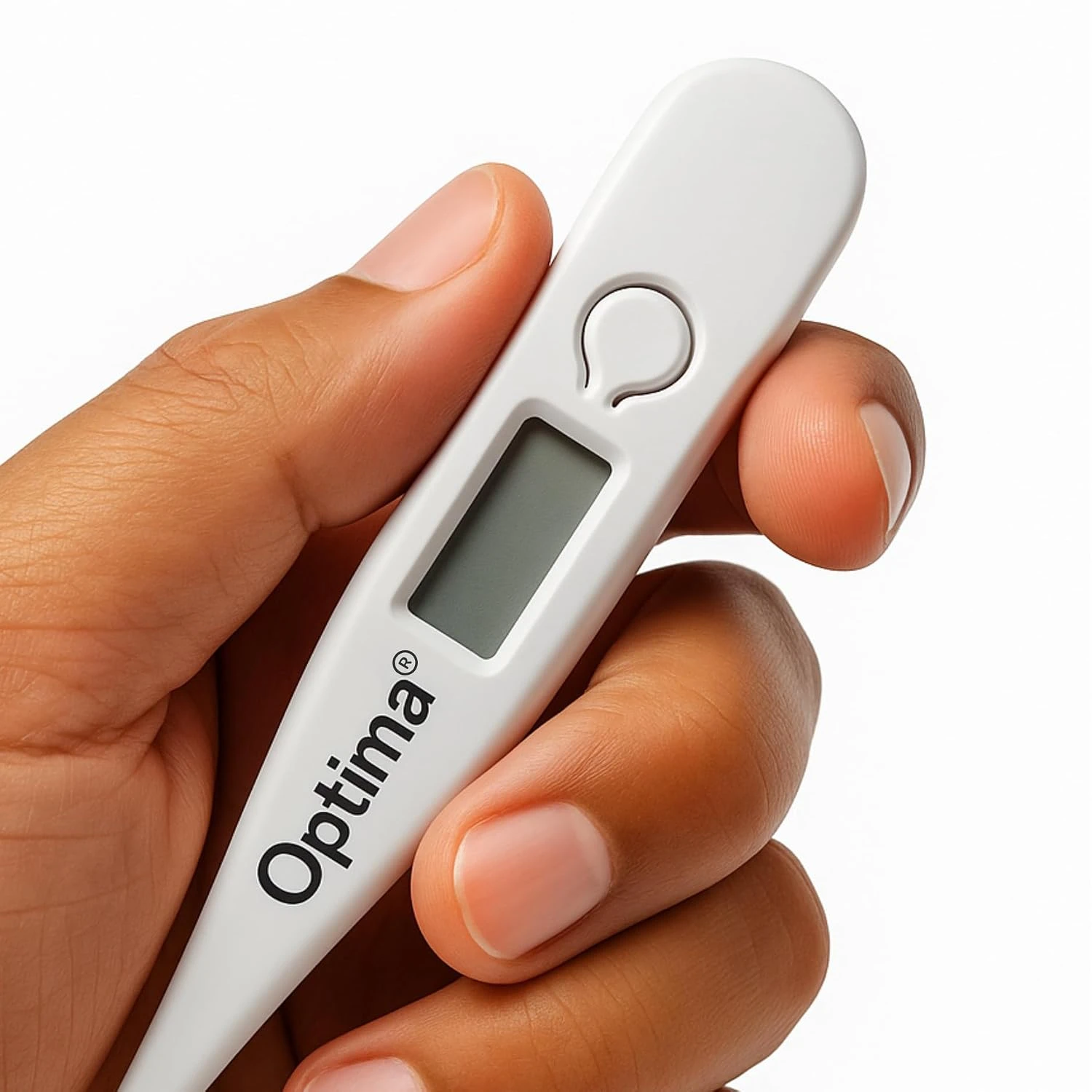 Hand holding Optima Digital Thermometer, close-up of display screen and power switch