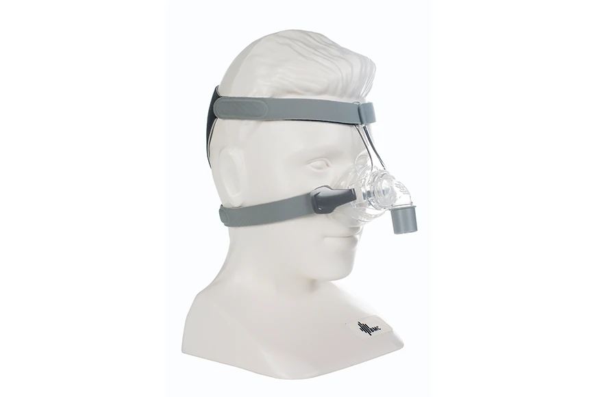BMC N5 nasal mask on mannequin head, angled side view, showing frame and elbow