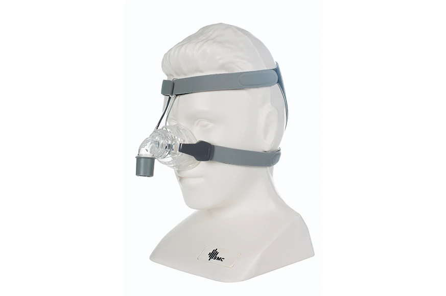BMC N5 nasal mask on mannequin head, side profile, showing headgear routing