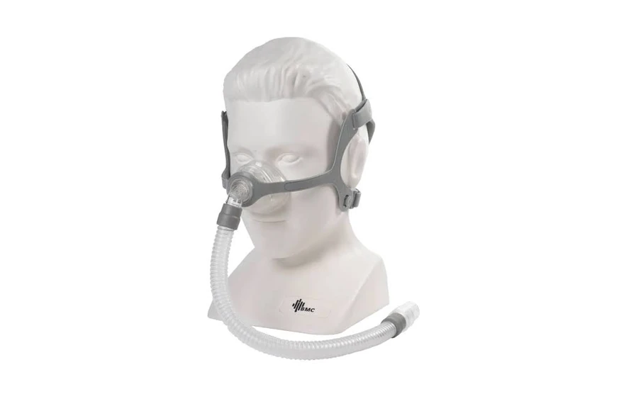 BMC N5A nasal mask on mannequin head, front view, with tubing attached