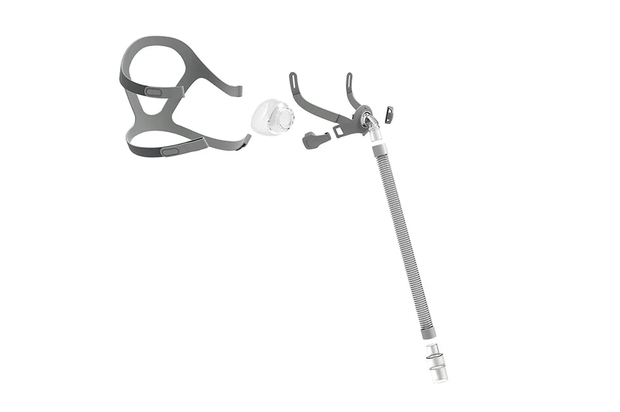 BMC N5B nasal mask, exploded parts view showing headgear, cushion, frame, and tubing