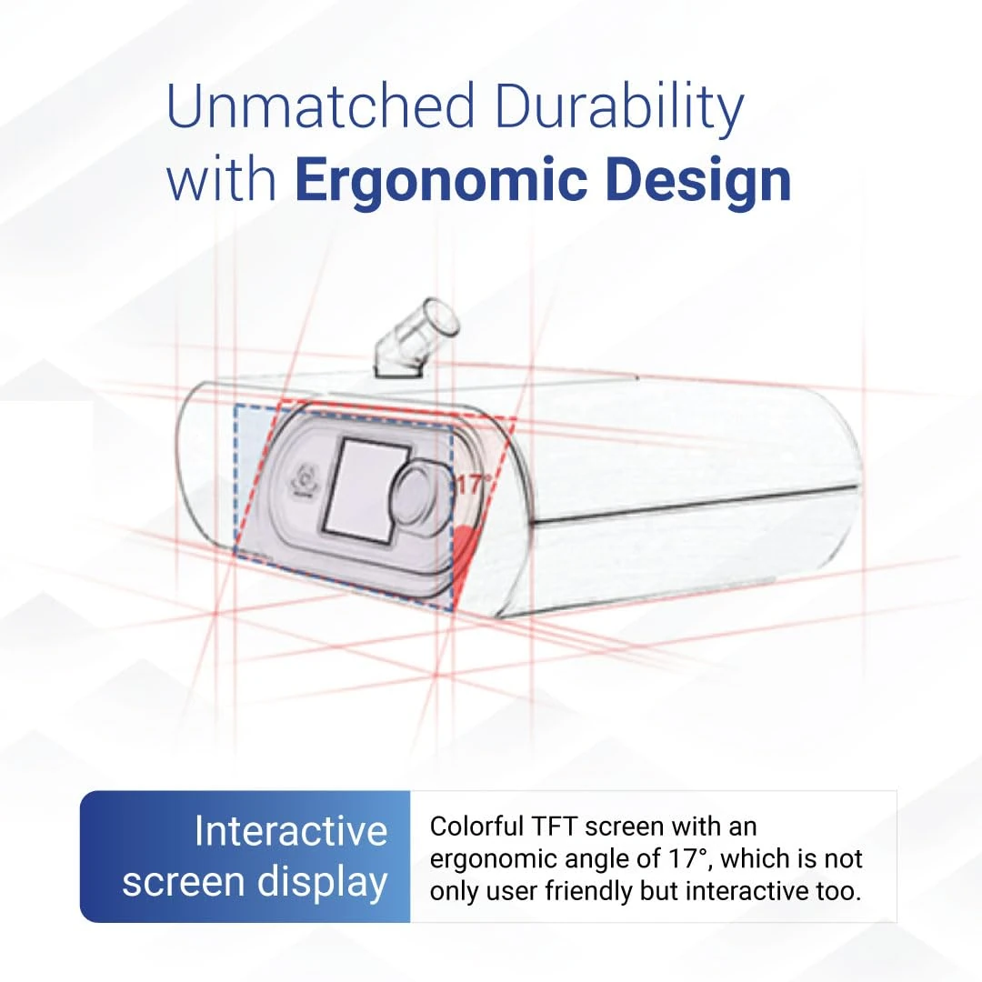 Oxymed SleepEasy AutoCPAP interactive TFT screen display at 17 degree ergonomic angle