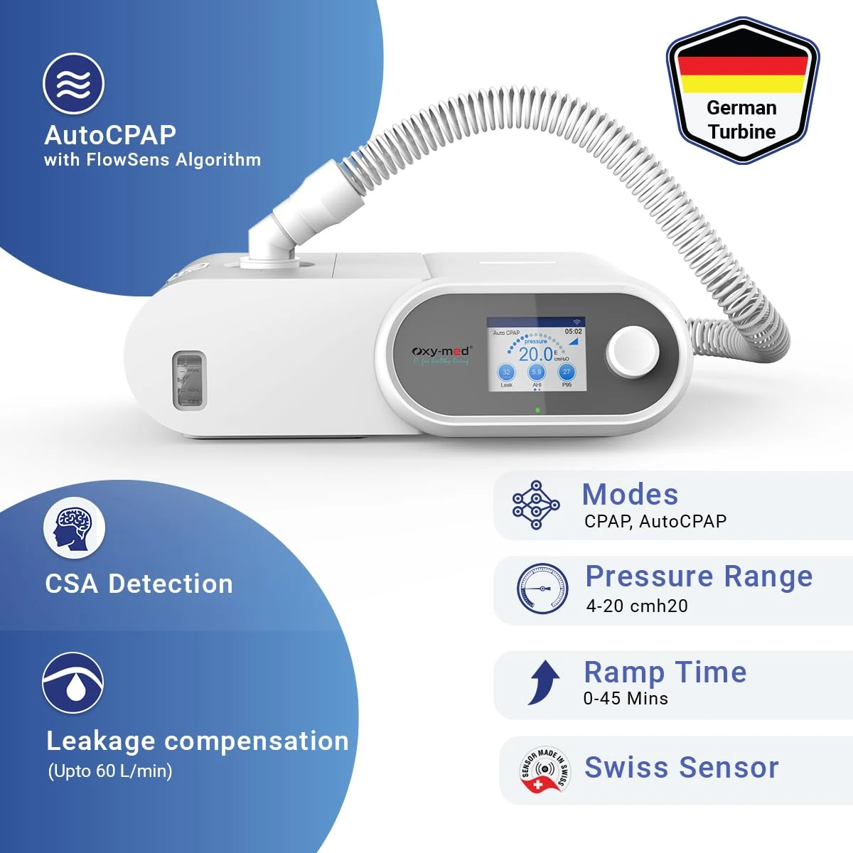 Oxymed SleepEasy AutoCPAP with FlowSens algorithm, German turbine, CSA detection, leakage compensation