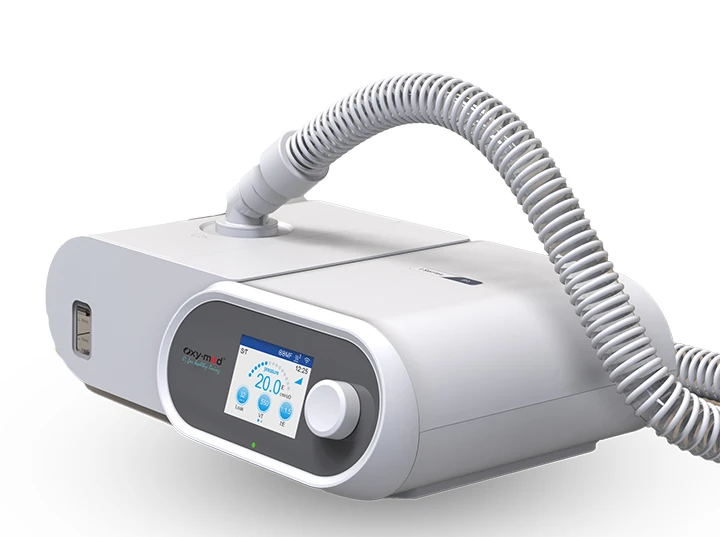 Oxymed SleepEasy AutoCPAP machine, close-up angled view with tubing and screen