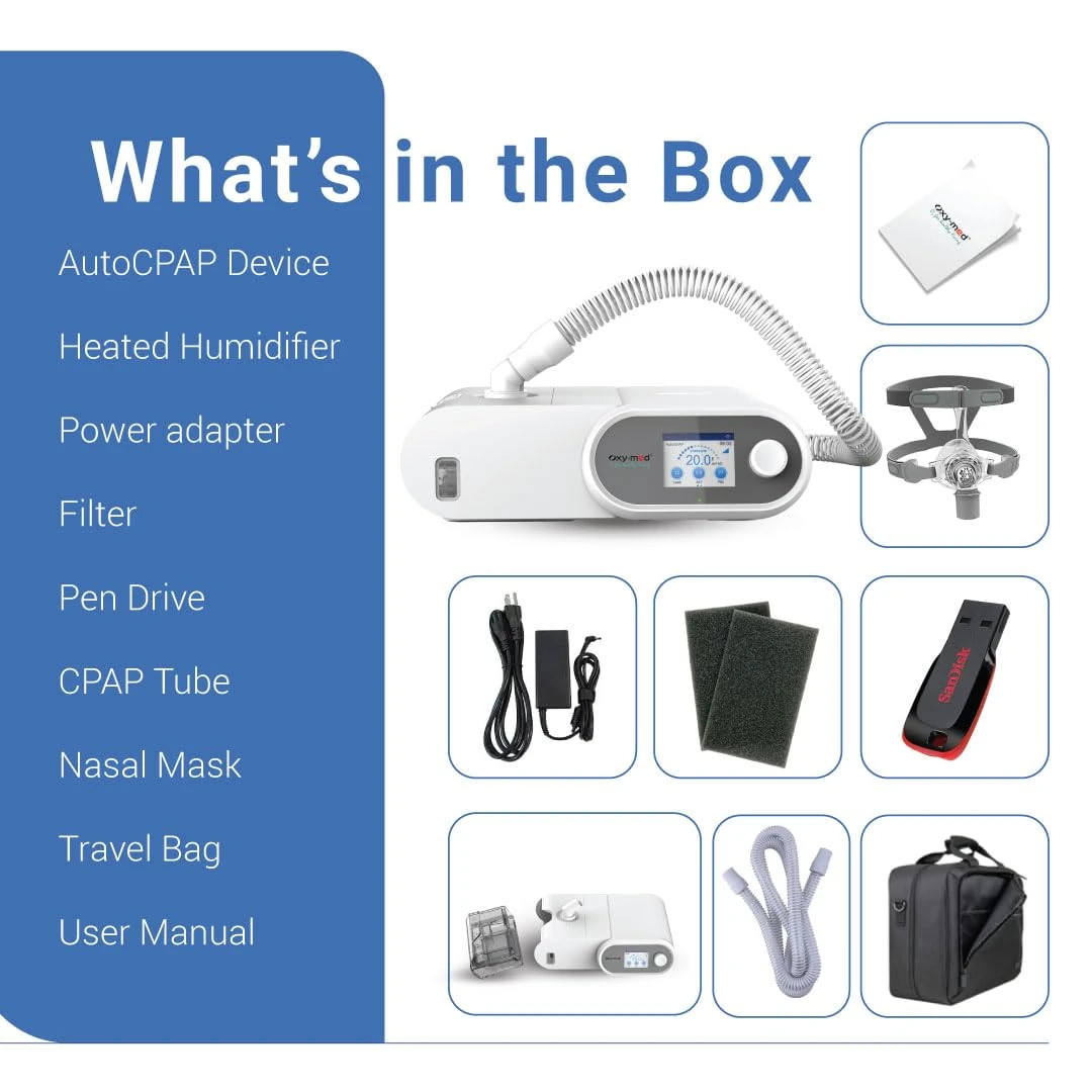 What's in the box: Oxymed SleepEasy AutoCPAP device, humidifier, power adapter, filter, pen drive, tube, nasal mask, travel bag, user manual