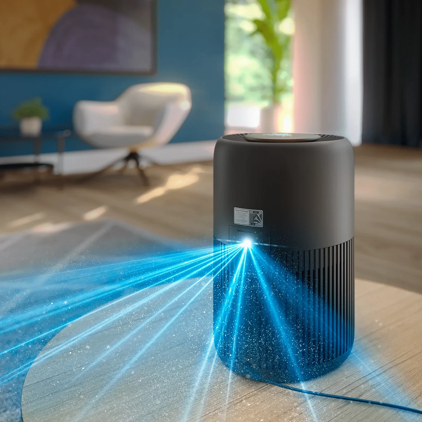 Philips AC0950/60 air purifier in a living room drawing in dust particles from across the floor