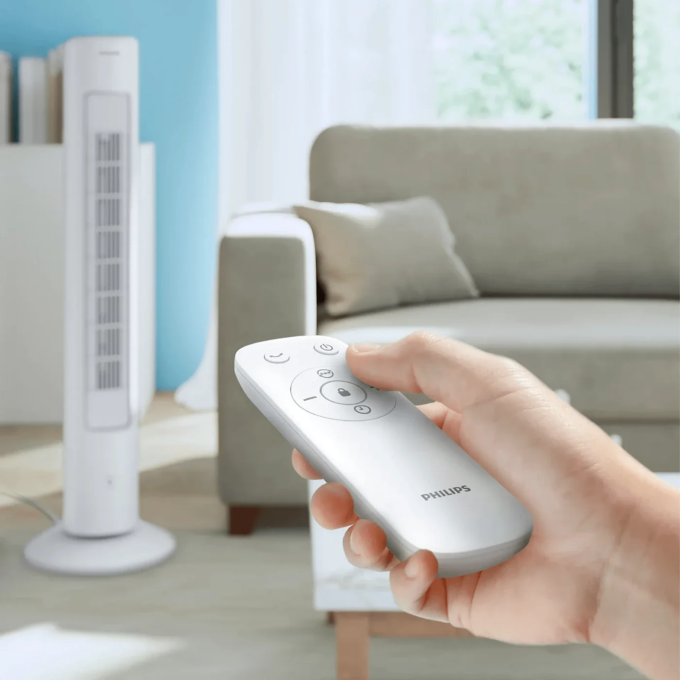 Using the Philips CX5535/00 tower fan remote control from the sofa