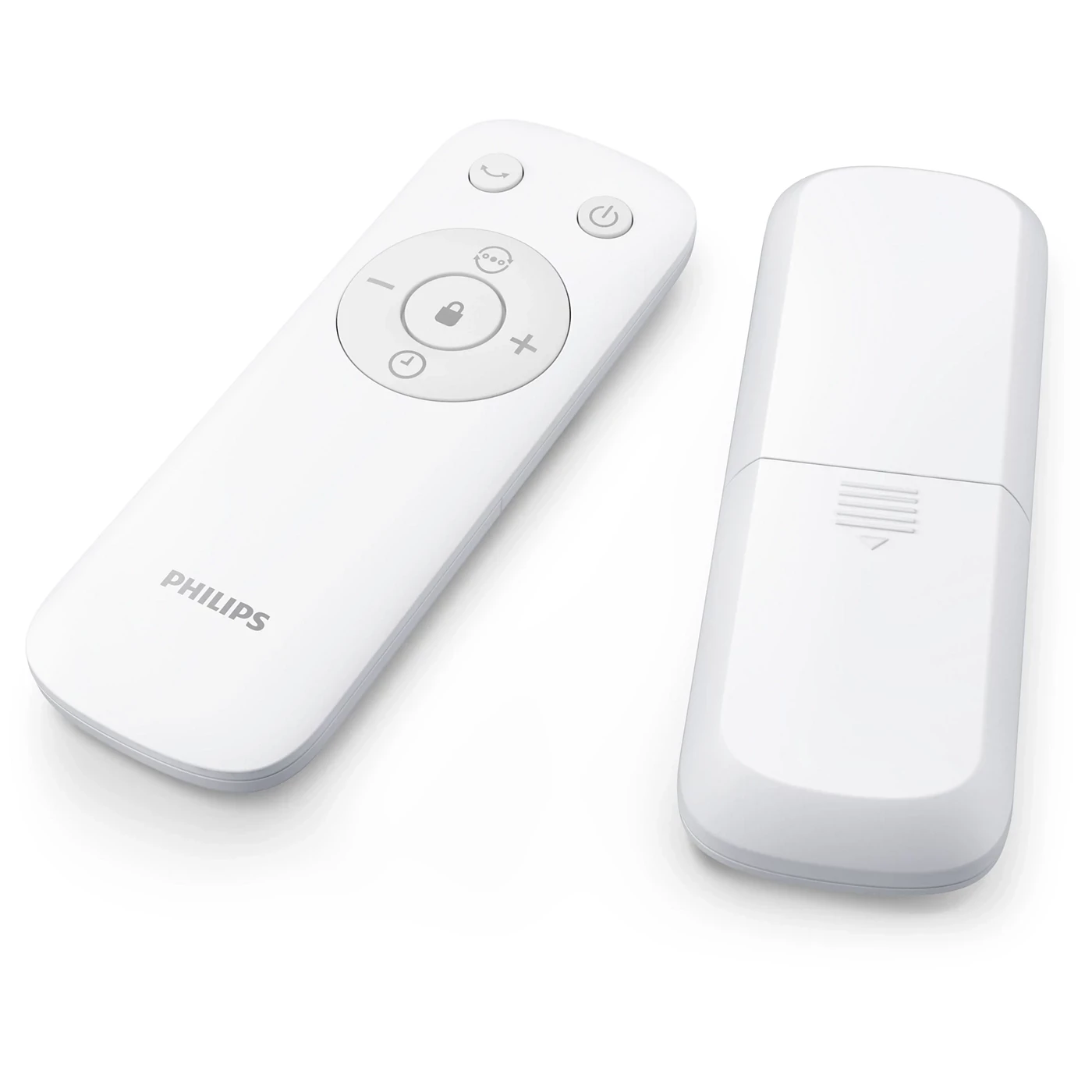 Philips CX5535/00 tower fan remote control, front and back with battery compartment