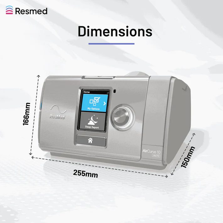 ResMed AirCurve 10 VAuto dimensions: 166mm height, 255mm width, 150mm depth