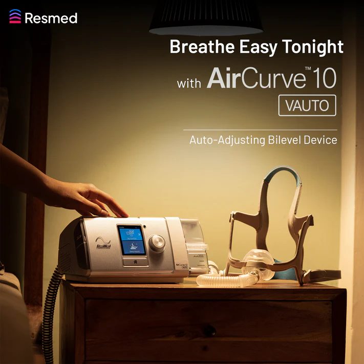 ResMed AirCurve 10 VAuto on a bedside nightstand with mask and tubing connected, ready for bilevel sleep therapy