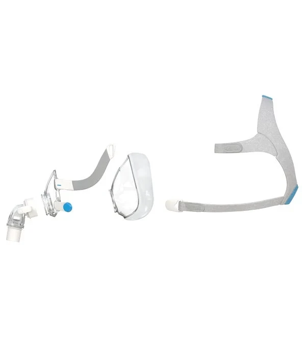 ResMed AirFit F20 mask components: cushion, frame, elbow, and headgear