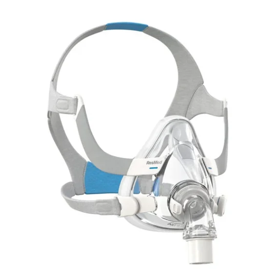 ResMed AirFit F20 Medium mask, left side view, showing headgear and frame assembly
