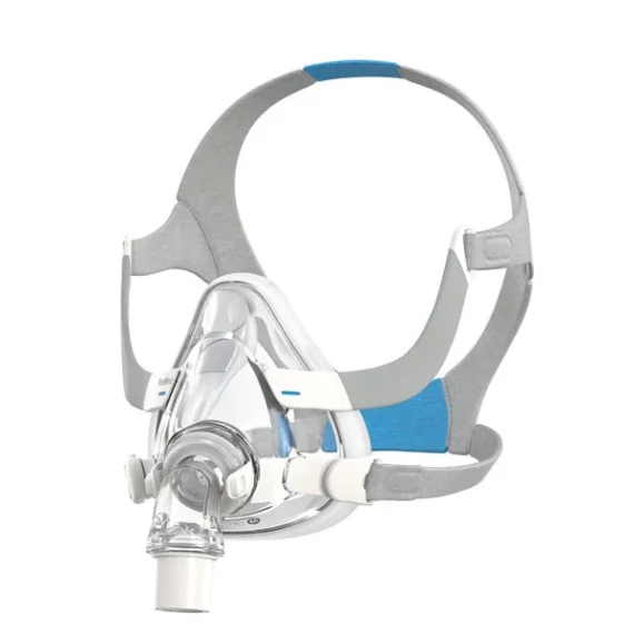 ResMed AirFit F20 Medium mask, right front angle view, showing frame, cushion, and elbow connector
