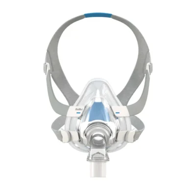 ResMed AirFit F20 full face CPAP mask on display form, front-facing product shot, no model