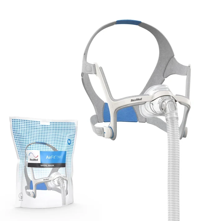 ResMed AirFit N20 nasal mask with retail packaging, product shot, no model