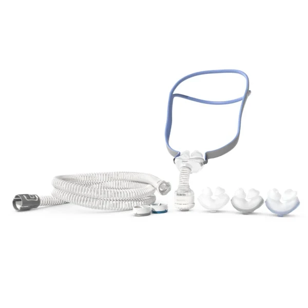 ResMed AirFit P10 for AirMini full setup pack showing mask, tube, connector, and three nasal pillow sizes