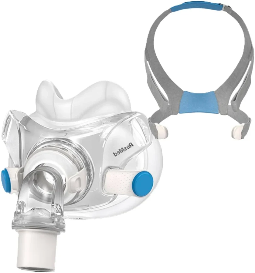 ResMed AirFit F30 cushion and headgear, showing sizing