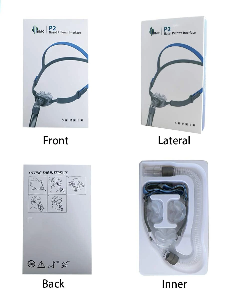 BMC P2 Nasal Pillow Mask packaging and contents